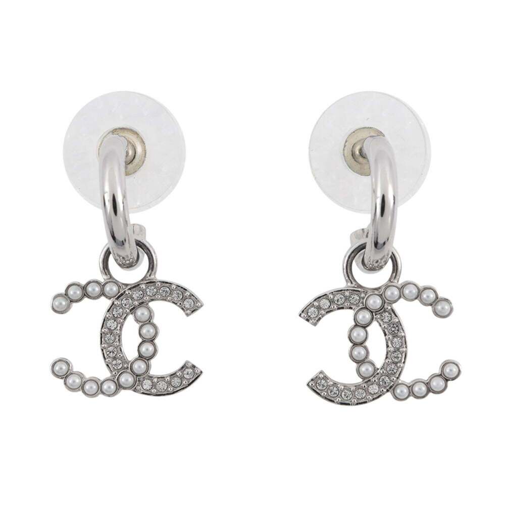 CHANEL Gold Pearl Logo Earrings